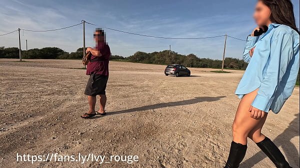 Hot naked girlfriend asks a stranger for directions and shows off her body in public